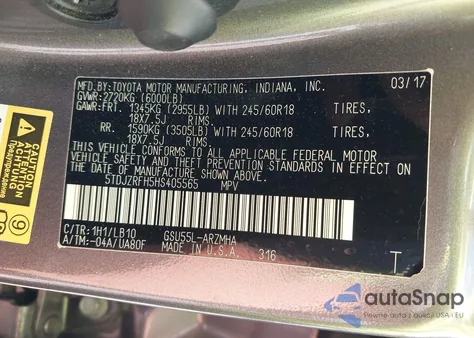 2017 Toyota Highlander Xle из США, поврежденный, VIN 5TDJZRFH5HS405565